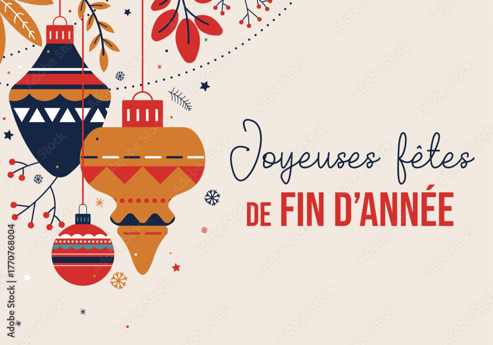 Fototapeta premium Bannière de Noël festive avec texte “Joyeuses fêtes de fin d’année” – Boules de Noël modernes, décor végétal
