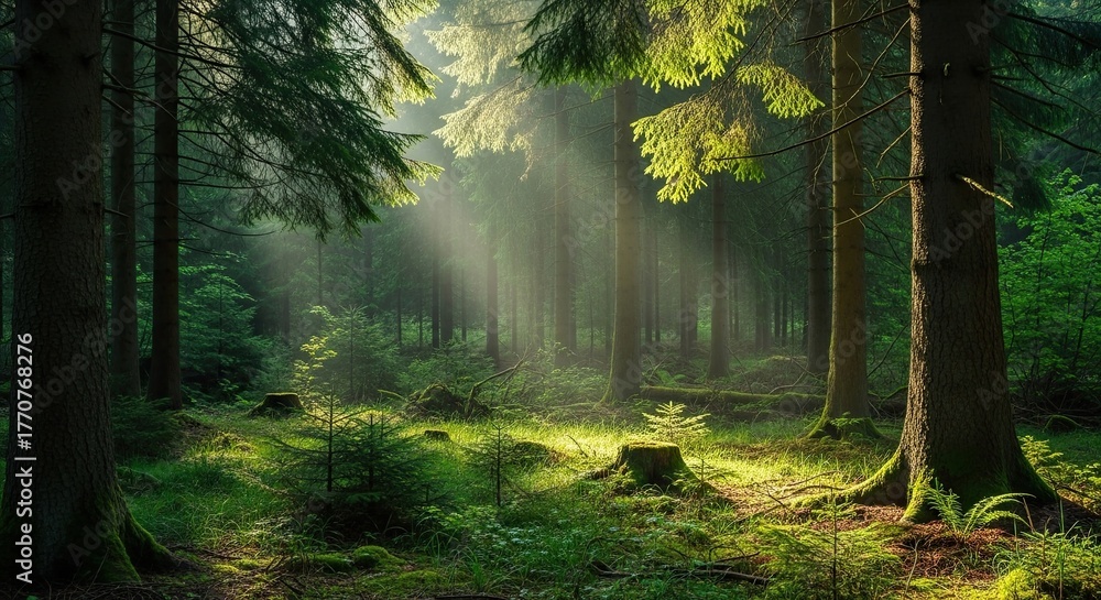 Fototapeta premium Sunbeams pierce dense forest canopy illuminating vibrant green undergrowth and ancient trees