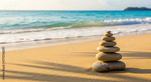 Serene balanced stones on golden beach at sunrise evoke tranquility and peace