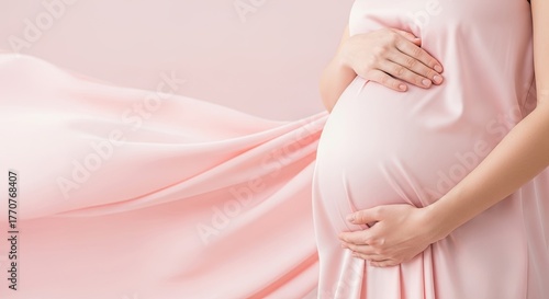 Serene pregnant woman cradling belly in flowing pink silk gown, soft elegant maternity beauty