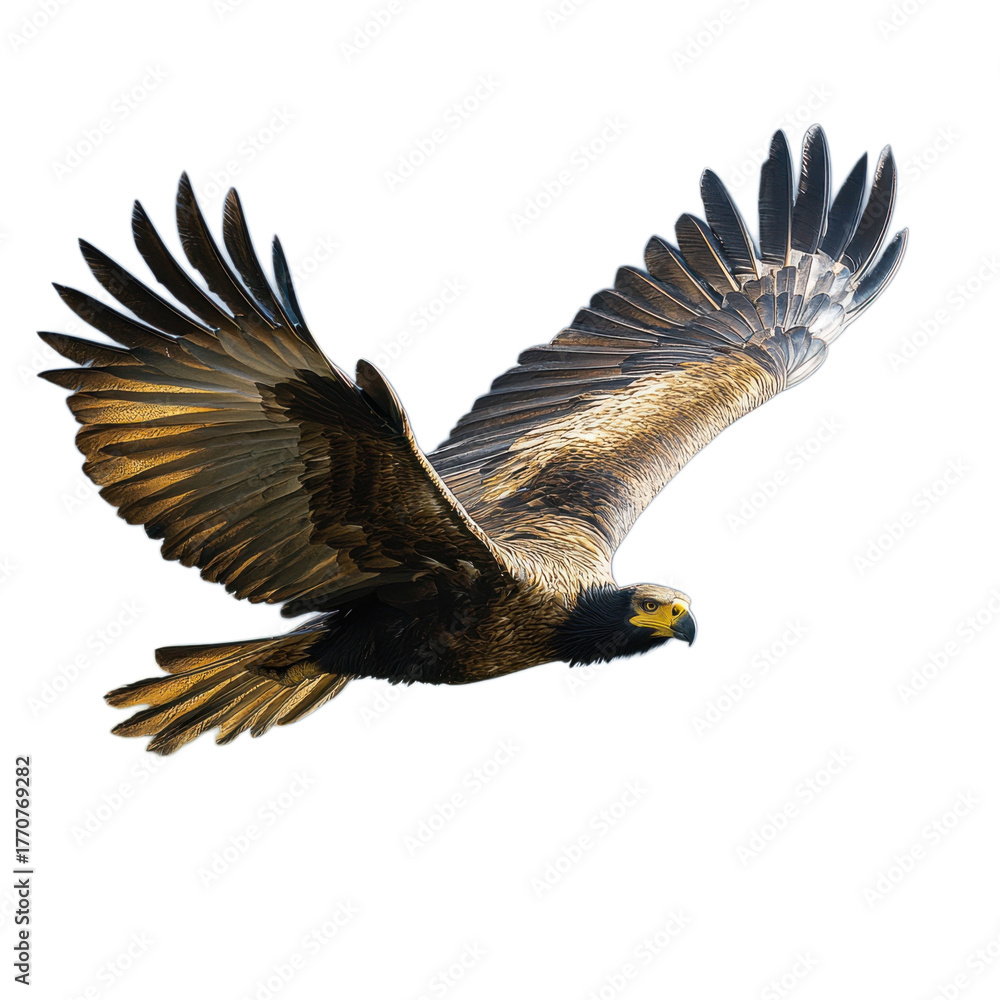 Fototapeta premium Black kite bird of prey flying with wings spread, detailed illustration isolated on Transparent Background