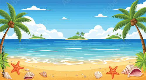 Vibrant cartoon illustration of a tropical beach with palm trees, blue ocean, sandy shore, scattered seashells, and distant islands under a bright sky.