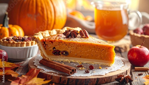 Thanksgiving Dessert Spread with Pumpkin Pie, Pecan Tart, Mulled Cider, and Rustic Table Setting for Holiday Promotion