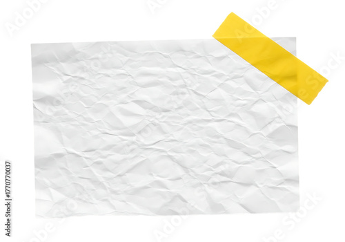 White crumpled paper sheet with yellow adhesive tape isolated on transparent background, perfect for adding your own text or design elements to projects