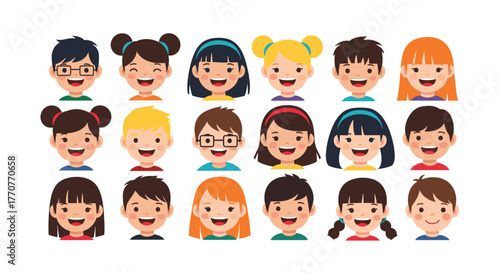 Collection of happy diverse children's faces smiling, showing joy and positive emotions in a cartoon avatar style.