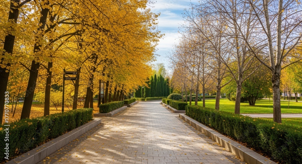 Naklejka premium Autumn Stroll Through the Park: The captivating image showcases an enchanting avenue, as the trees turn into a vibrant canvas of golden hues, beckoning a serene autumn walk.