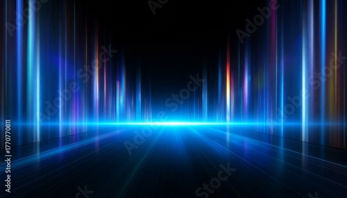 Blue Hologram Light Futuristic Background　青い光の柱がホログラムのように輝く、近未来的な空間