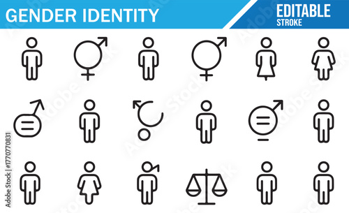 LGBTQ gender spectrum icons — editable outline pictograms set for awareness, equality, and inclusion materials