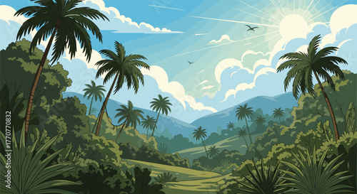 A vibrant and serene illustration of a tropical jungle vista featuring lush greenery, towering palm trees, distant mountains, and a brilliant sun-drenched sky.