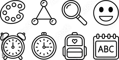 A minimalist black and white line art illustration featuring a set of eight icons for learning, science, and creative activities