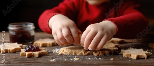 Young child prepares holiday cookies in cozy kitchen setting during festive season, showing creativity and joy in baking activities