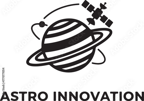 Black silhouette of a planet with rings, a satellite, and Astro Innovation text space orbit