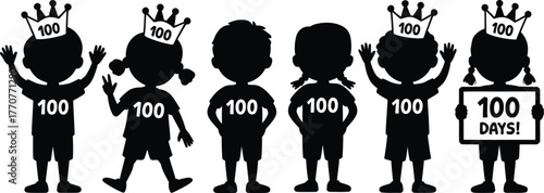 Celebrating 100 Days of School Joyful Children Silhouettes with Crowns and Balloons