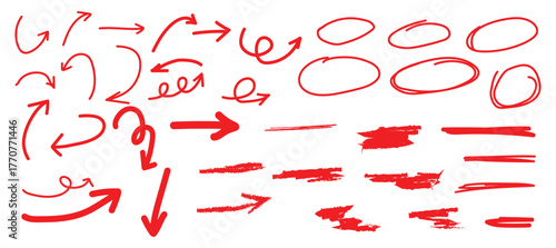 Collection of hand drawn red arrows and circles signaling direction and emphasis illustration