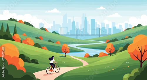 A woman cycles through a vibrant, autumnal park with rolling green hills and a winding river, overlooking a distant modern city skyline with a bridge.