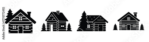 winter cabin silhouette vector icons collection isolated on white background.Christmas Vector Icon Set.