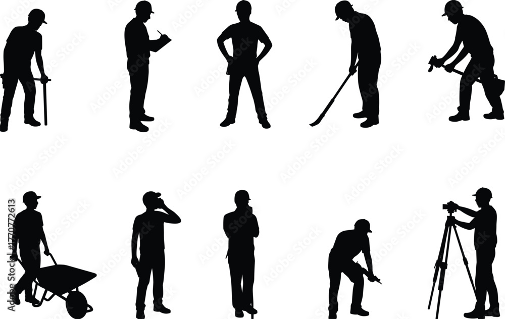 Obraz premium Construction workers silhouettes, labor tasks, industrial workforce, job site activity, manual tools, teamwork, engineering roles, safety gear, infrastructure, urban development