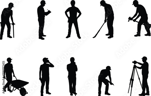 Construction workers silhouettes, labor tasks, industrial workforce, job site activity, manual tools, teamwork, engineering roles, safety gear, infrastructure, urban development