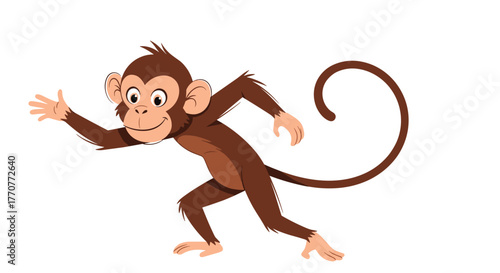A cheerful and energetic cartoon monkey runs with one hand waving, ready for a playful adventure on a white background.