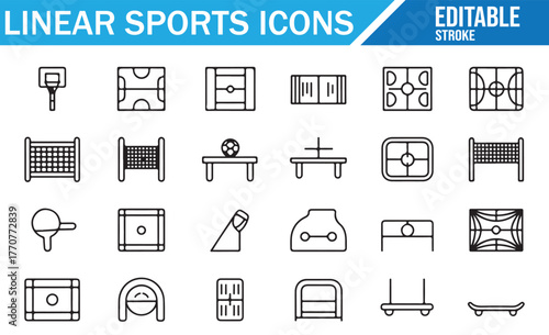 Flat linear sports icon pack – editable outline symbols for activity and fitness design projects