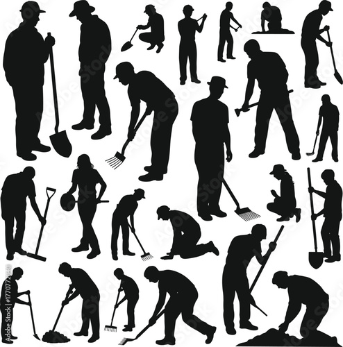 Silhouettes of workers using tools, manual labor poses, construction, farming, digging, raking, teamwork, agriculture, pitchfork, shovel, ergonomic movement