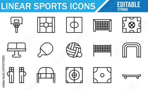 Modern sports field and equipment icons – linear vector illustration set for game and training design