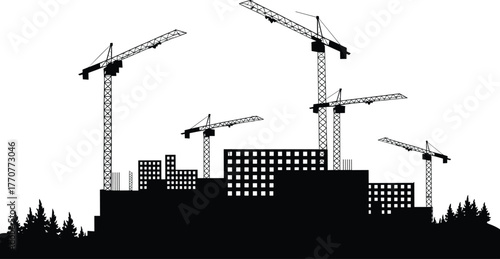 Urban construction site, tower cranes, modern buildings, infrastructure development, city growth, engineering, architecture, industrial progress, skyline, real estate, investment, scaffolding,