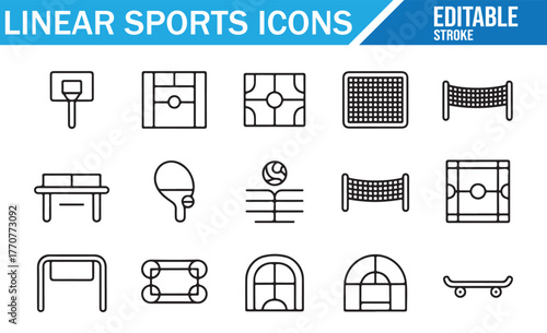 Linear sports icons – vector outline set for fitness, recreation, and competition design concepts