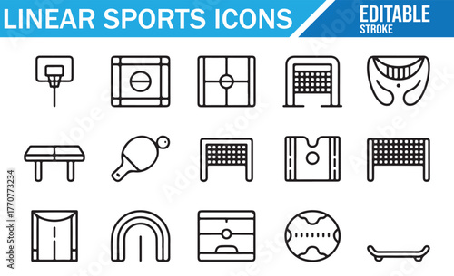 Set of editable linear sports icons – outline style symbols of basketball, football, volleyball, tennis, skateboard, and sports fields for fitness, recreation, and athletic design projects