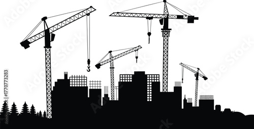 Urban construction skyline, silhouette cityscape, cranes above buildings, infrastructure development, modern architecture, scaffolding, growth, planning,