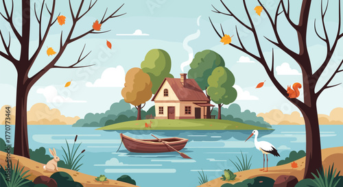 Picturesque autumn landscape with a cozy house on an island, a tranquil lake with a boat, and various woodland animals.