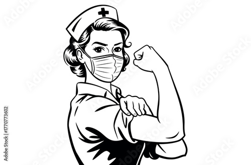 Retro nurse wearing a surgical mask flexes her bicep in a 'We Can Do It!' pose.
