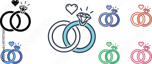 Collection of stylized wedding rings with diamonds and hearts in various colors
