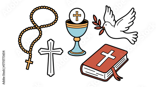 Religious symbols including a rosary, cross, chalice, dove, and Bible.