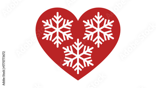 Red heart with three white snowflakes inside on a white background.