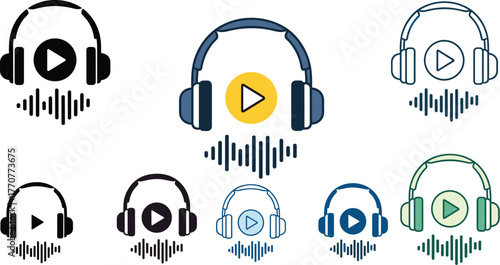 Headphones with sound wave and play button icons, representing audio, music, and media playback