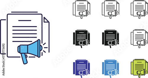 Set of icons featuring documents and a megaphone, symbolizing announcements, promotions, and communication in different visual styles