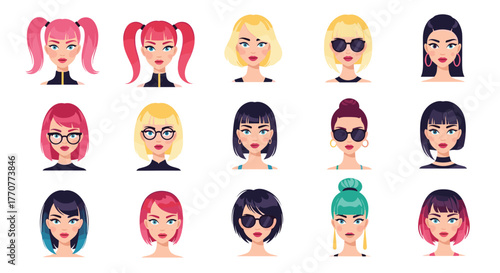 A diverse collection of fifteen female cartoon avatars showcasing various modern hairstyles, hair colors, and fashion accessories.