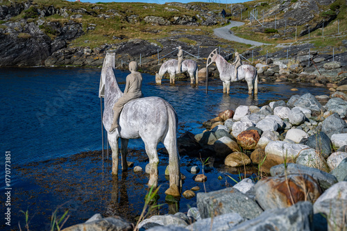 The Rising Tide, Haugesund, Norway, person rides a horse near a body of water, with several other horses standing in the water and a rocky shoreline in the background