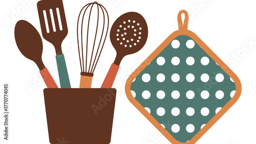 A collection of kitchen utensils and a potholder are arranged on a white background.