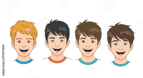 Illustration of four cheerful young boys with various hair and eye colors, wearing t-shirts and smiling widely, depicting diversity and happiness.