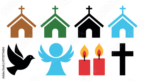 A collection of religious symbols including churches, a dove, an angel, candles, and a cross.