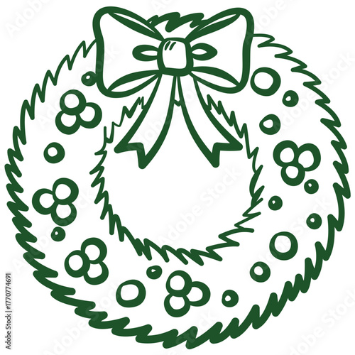 Green Christmas door wreath in hand drawn style. Festive wreath with bow ribbon for winter holiday decoration. Xmas holiday element. Seasonal vector illustrations