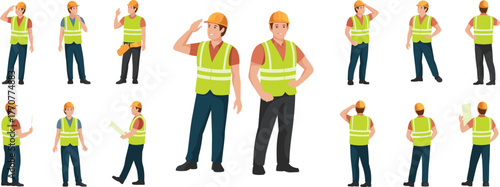 Construction workers illustration, safety gear, hard hats, reflective vests, industrial labor, occupational safety, teamwork, engineering, job site, character design