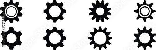Black gear icons, mechanical cogwheels, industrial silhouette, engineering parts, vector gears, abstract machinery, technical design, rotation elements, isolated symbols, editable shapes