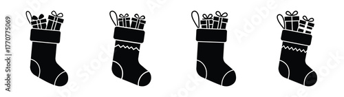 christmas stocking with silhouette vector icons collection isolated on white background.Christmas Vector Icon Set.