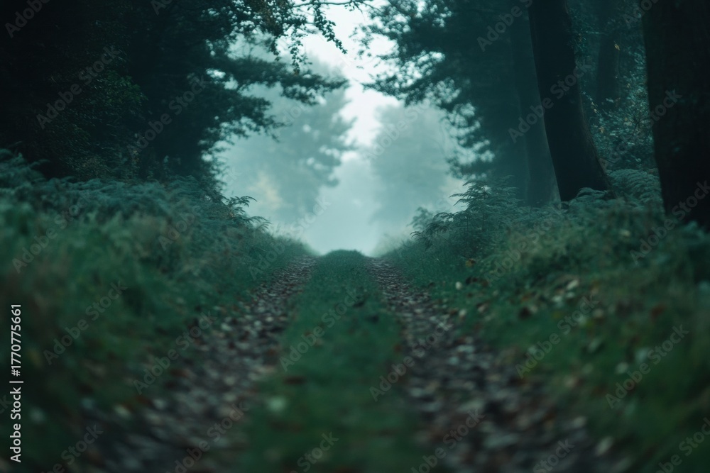 Fototapeta premium Path to Mystical Realm: A winding dirt path through a misty forest leads the eye toward an ethereal glow, evoking mystery and inviting exploration.