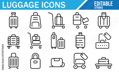 Outline luggage, backpack, and trolley icons – editable stroke symbols for tourism and journey concept