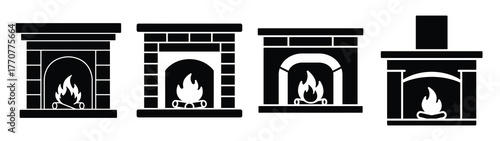 fireplace minimal silhouette silhouette vector icons collection isolated on white background.Christmas Vector Icon Set.