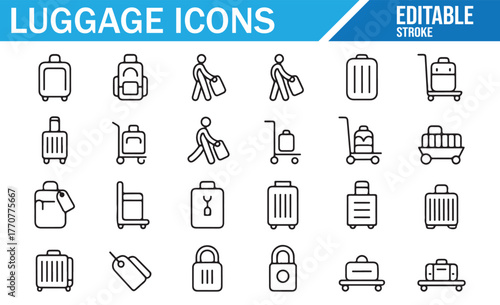 Set of vector travel luggage icons – flat stroke style line art for holiday and trip design